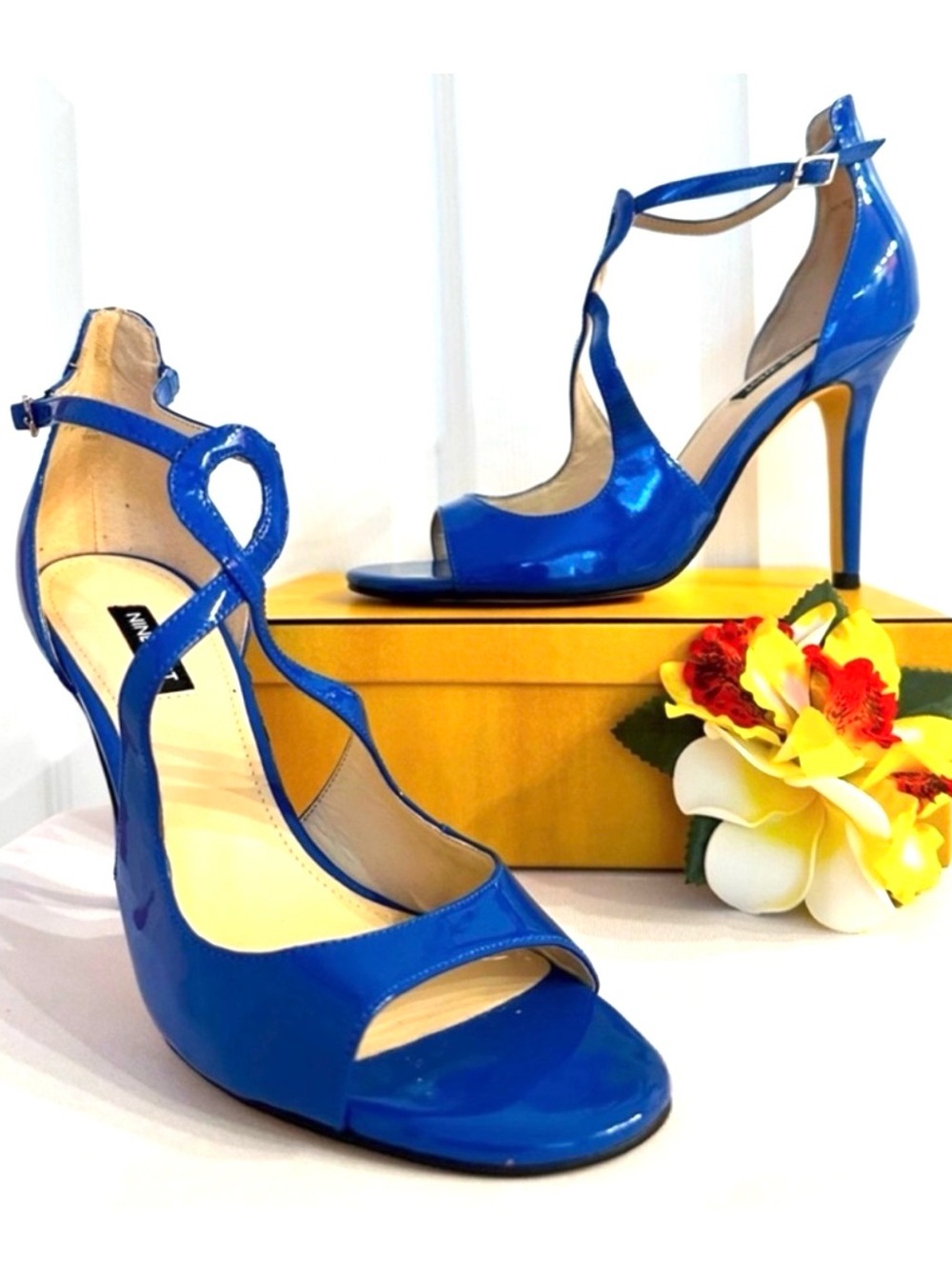NINE WEST ~ Blue Patent 4” Stiletto Heels with Ankle Strap size 9.5